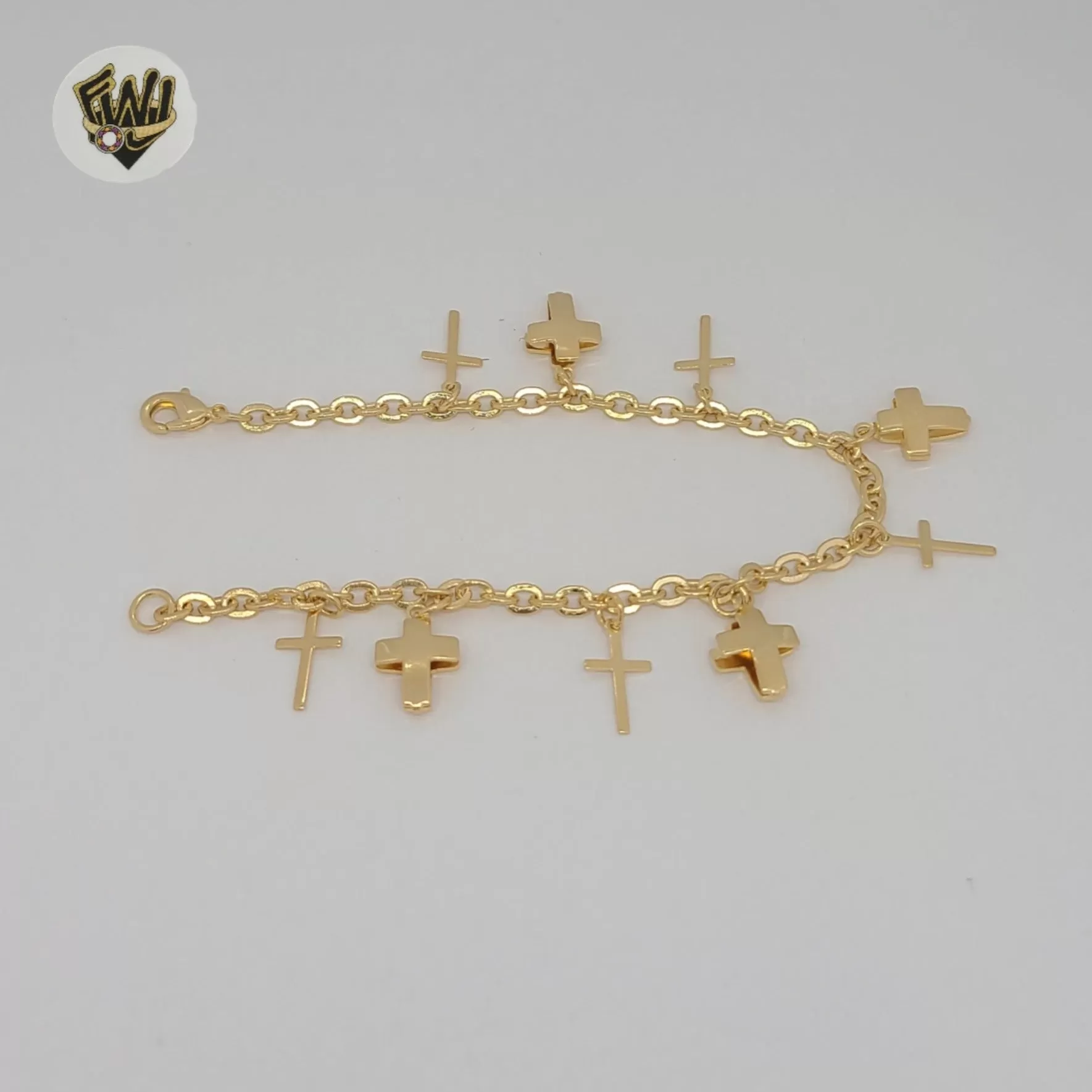 (1-0883) Gold Laminate - 3mm Cross Charms Bracelet - 7 - BGF