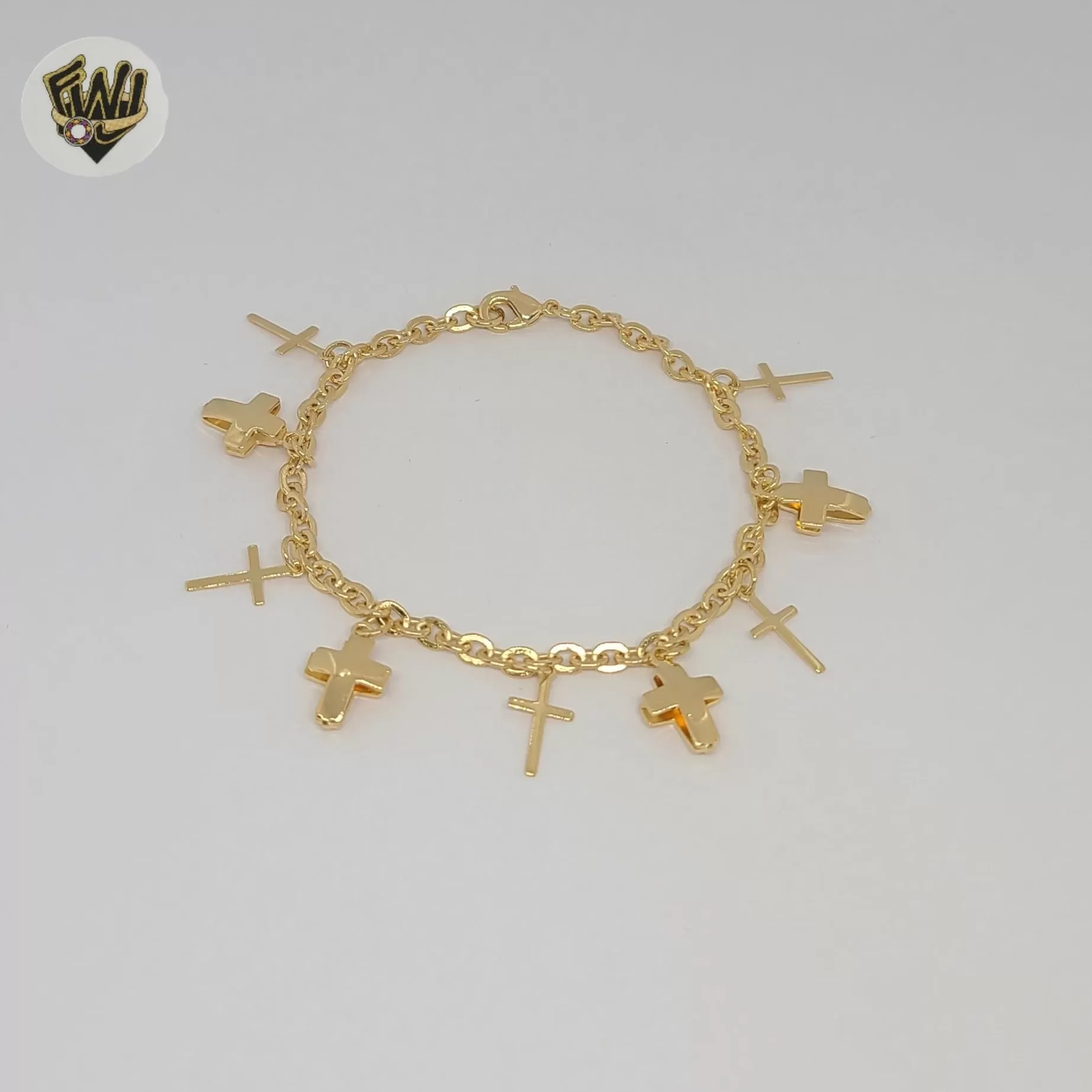 (1-0883) Gold Laminate - 3mm Cross Charms Bracelet - 7 - BGF