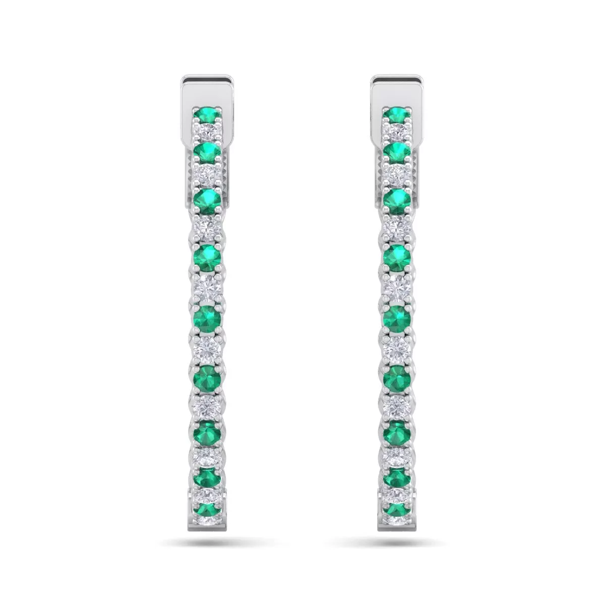 1 Carat Emerald And Diamond Hoop Earrings In 14 Karat White Gold, 3/4 Inch