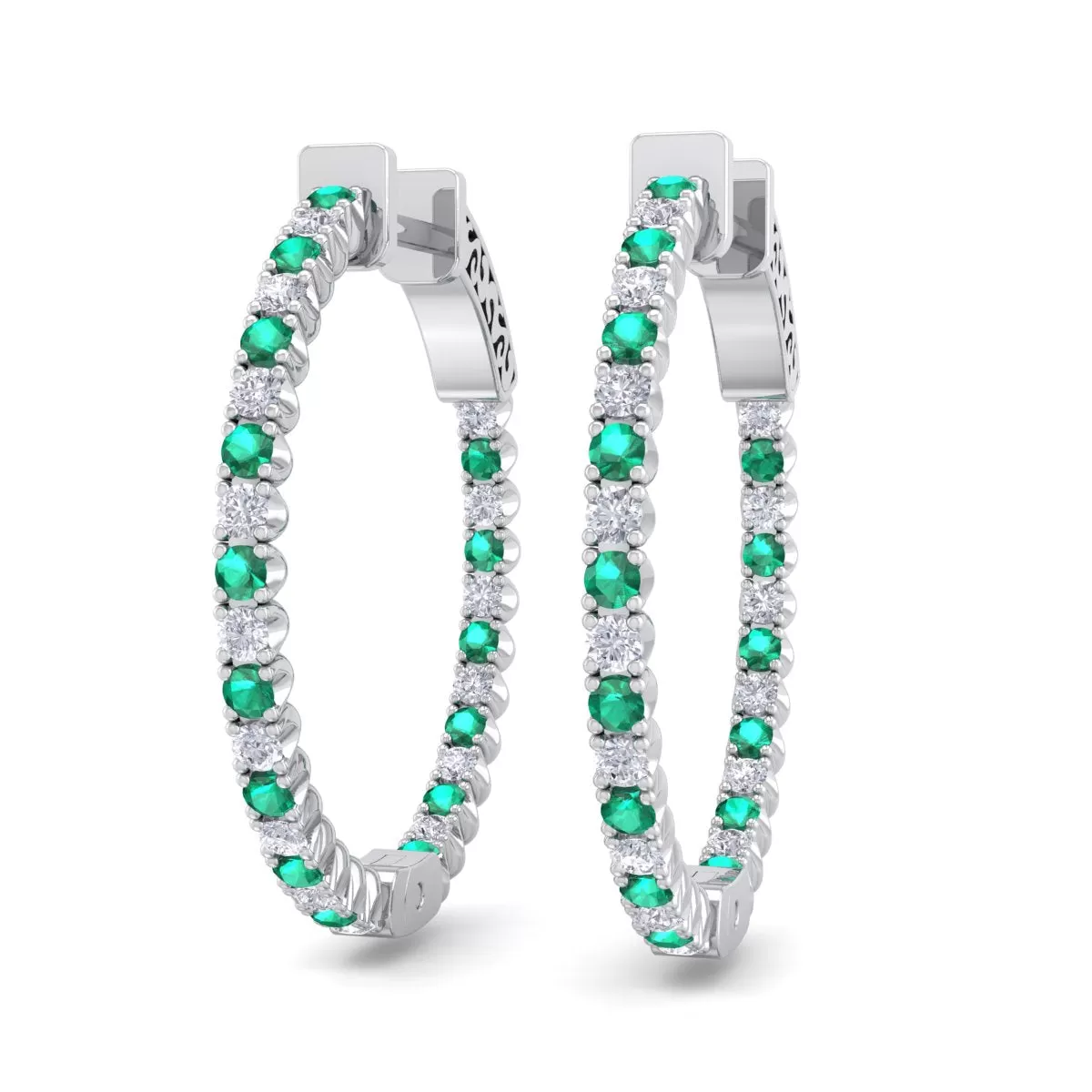 1 Carat Emerald And Diamond Hoop Earrings In 14 Karat White Gold, 3/4 Inch