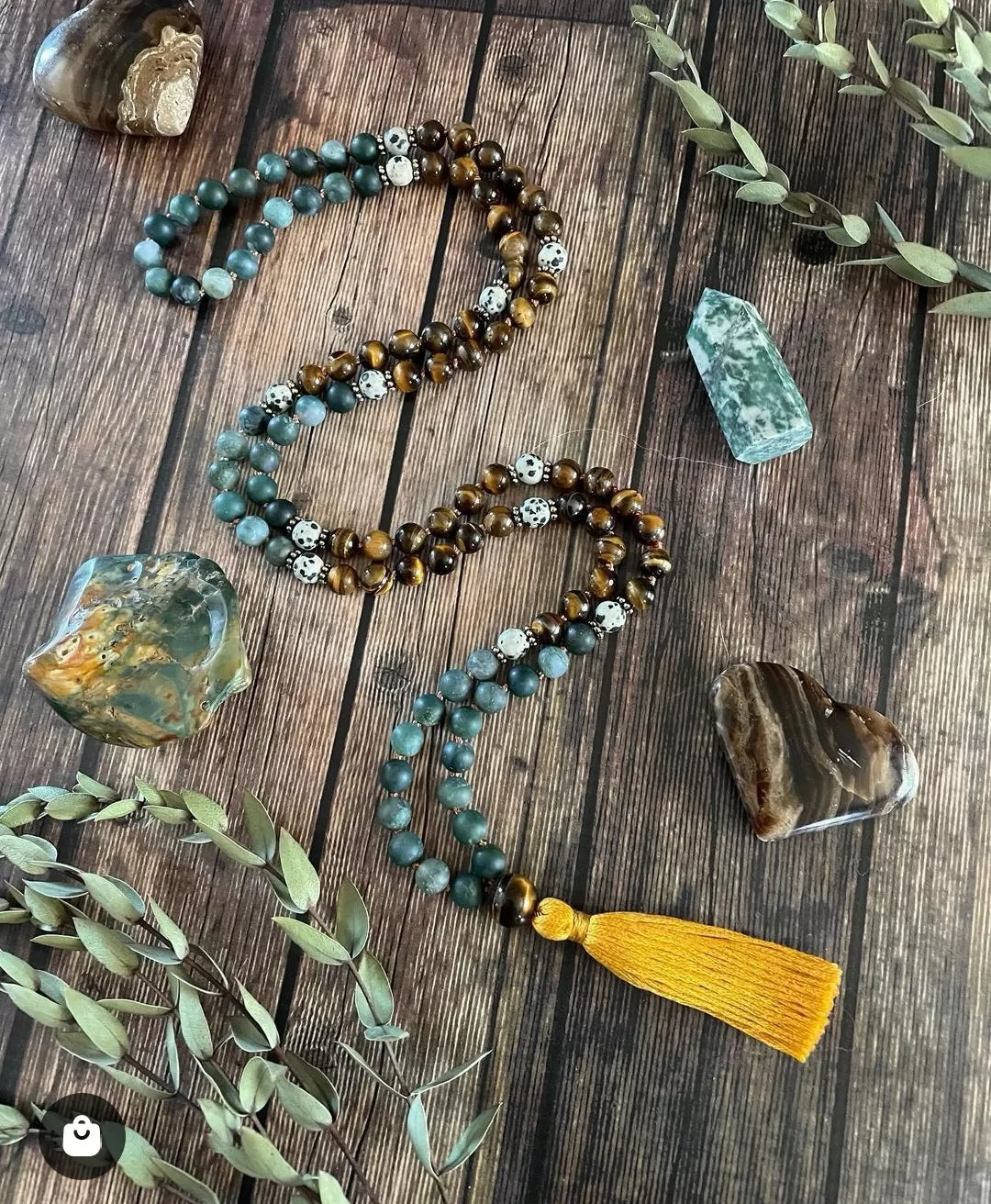 108 Bead Mala in Tiger Eye, Moss Agate Mala Necklace - Capricorn Birthstone