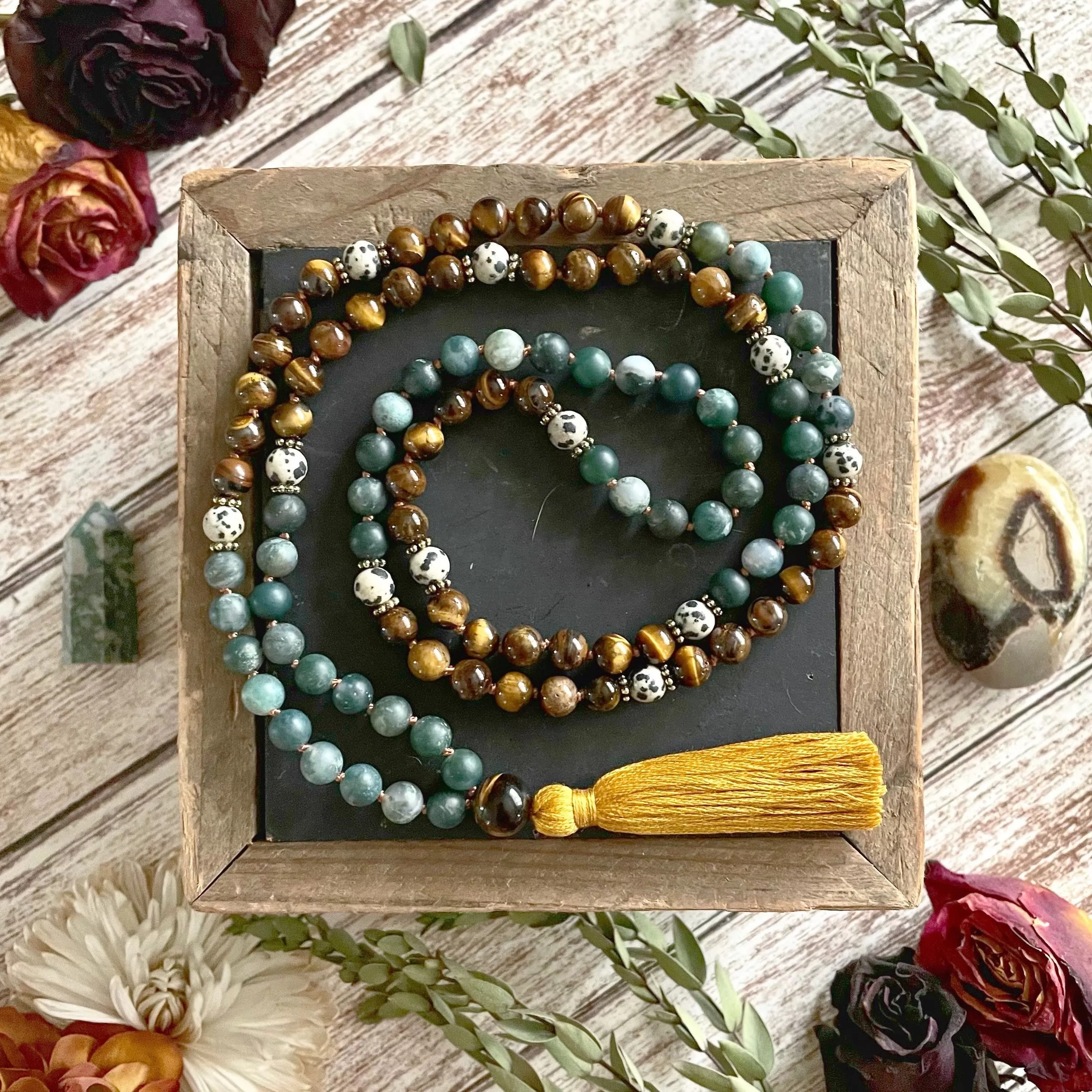 108 Bead Mala in Tiger Eye, Moss Agate Mala Necklace - Capricorn Birthstone