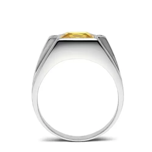 10K White Gold Citrine Mens Ring 0.08ct Natural Diamonds