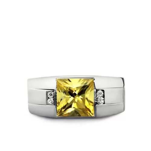 10K White Gold Citrine Mens Ring 0.08ct Natural Diamonds