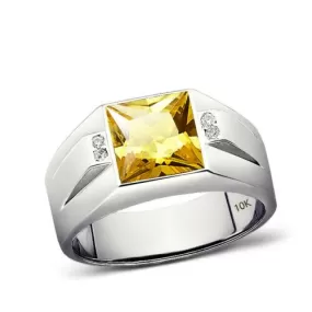 10K White Gold Citrine Mens Ring 0.08ct Natural Diamonds