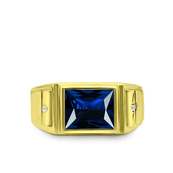 14K Gold Blue Sapphire Viktorian Look Mens Ring 2 Earth-Mined Diamonds