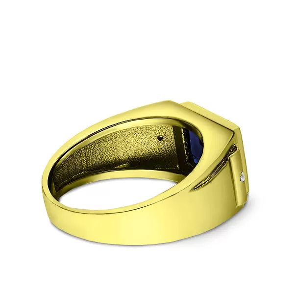 14K Gold Blue Sapphire Viktorian Look Mens Ring 2 Earth-Mined Diamonds