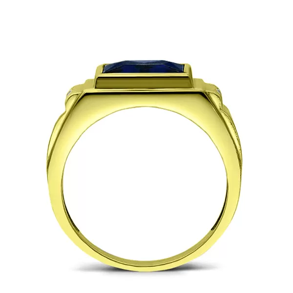 14K Gold Blue Sapphire Viktorian Look Mens Ring 2 Earth-Mined Diamonds