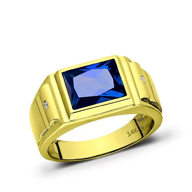 14K Gold Blue Sapphire Viktorian Look Mens Ring 2 Earth-Mined Diamonds