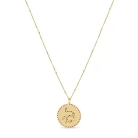 14k Small Mantra Heart Border Necklace on Tiny Bar & Cable Chain