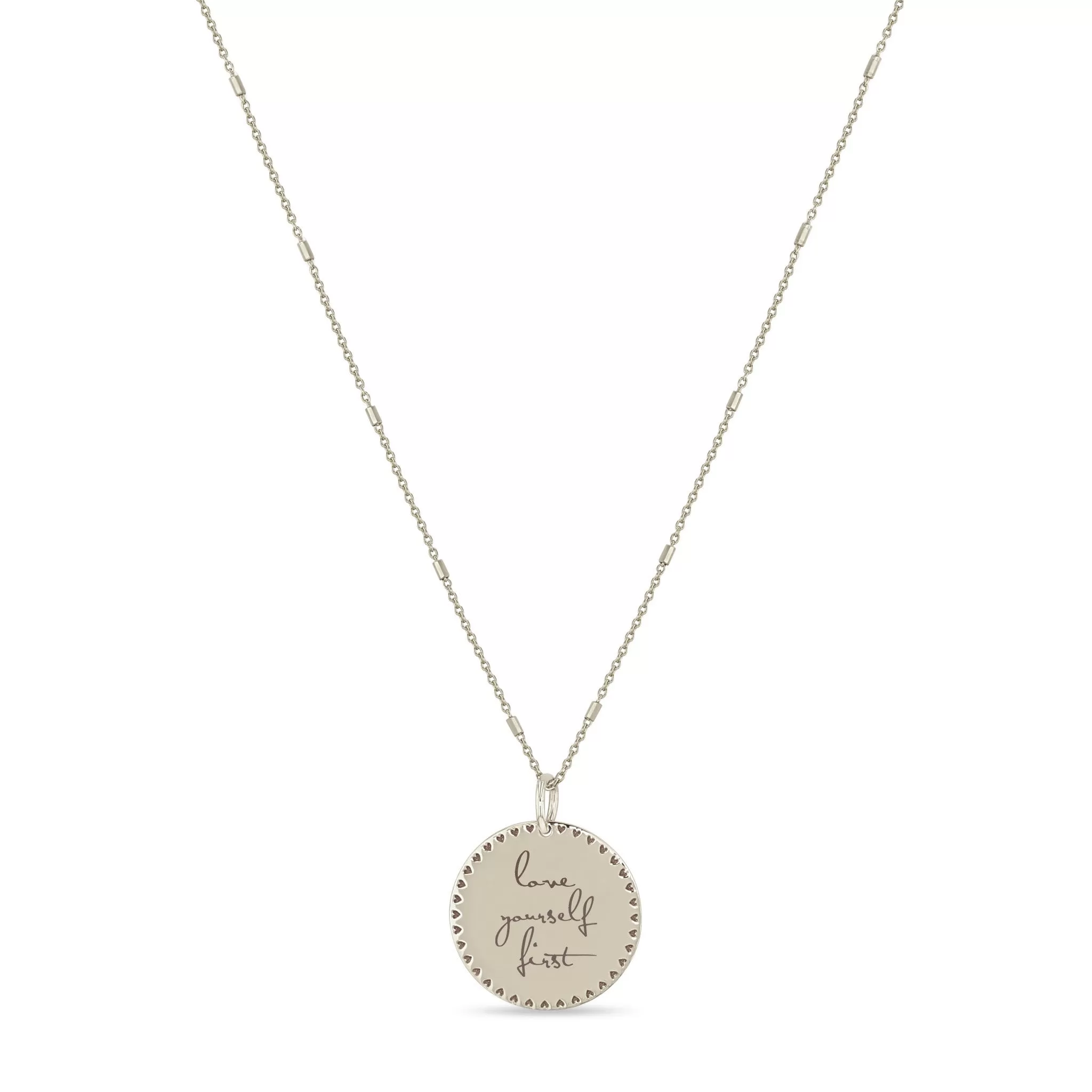 14k Small Mantra Heart Border Necklace on Tiny Bar & Cable Chain