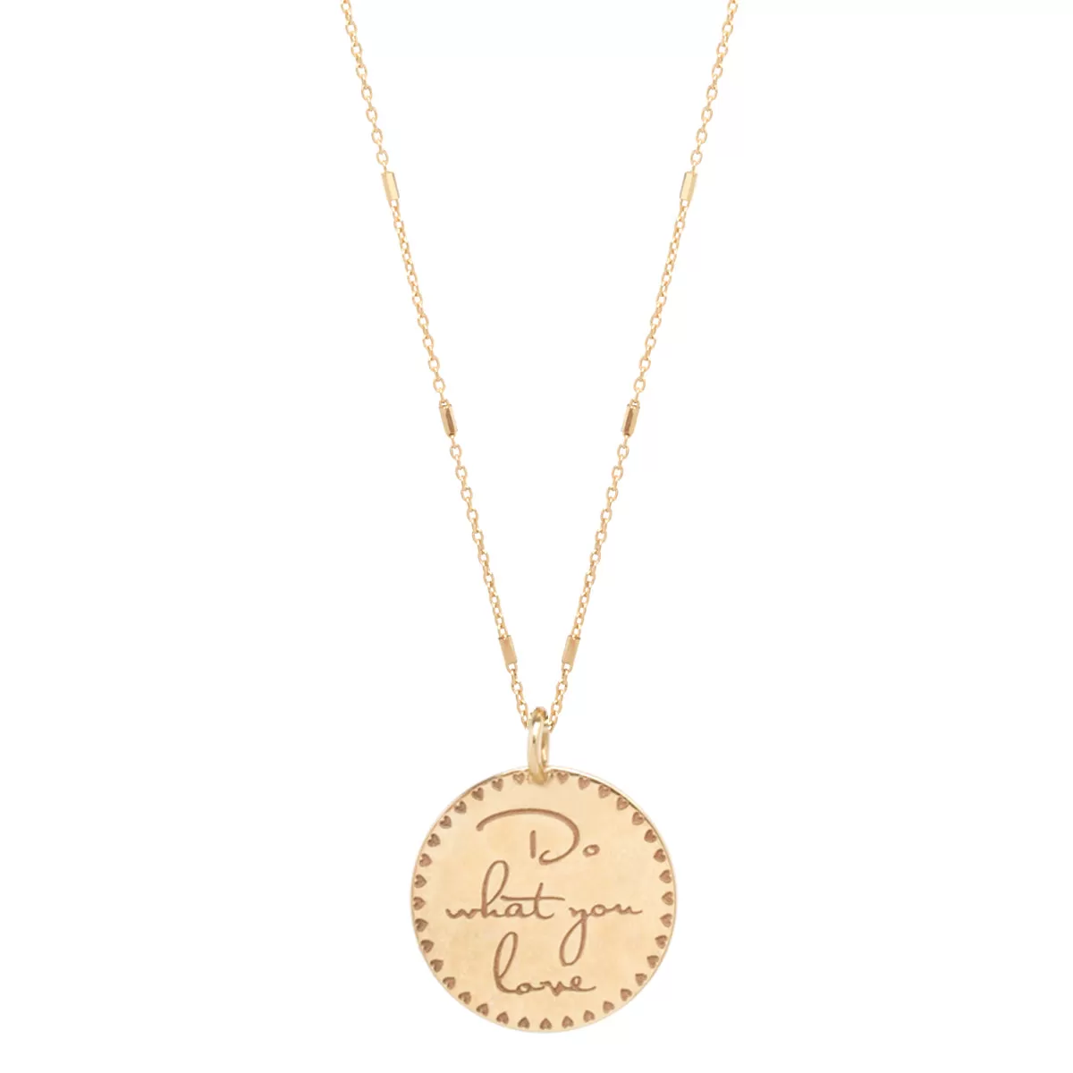 14k Small Mantra Heart Border Necklace on Tiny Bar & Cable Chain