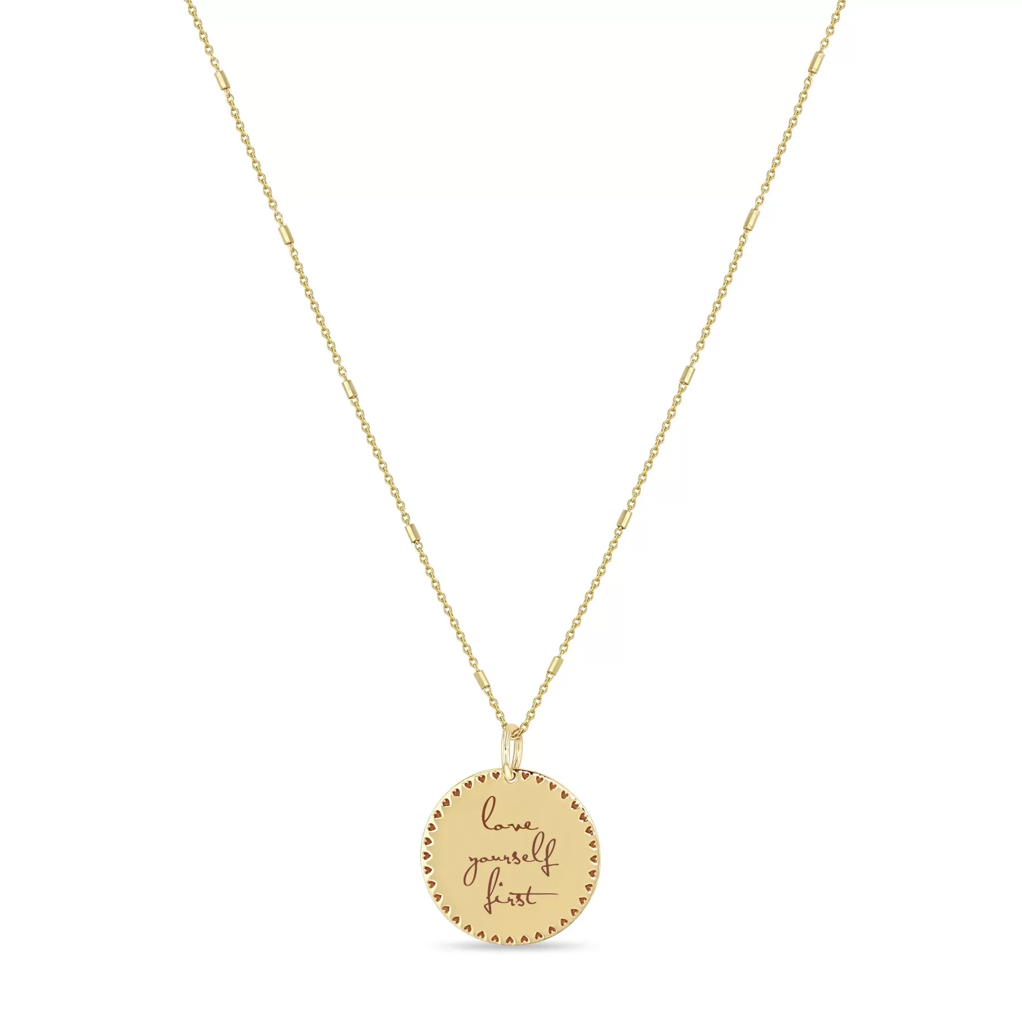 14k Small Mantra Heart Border Necklace on Tiny Bar & Cable Chain