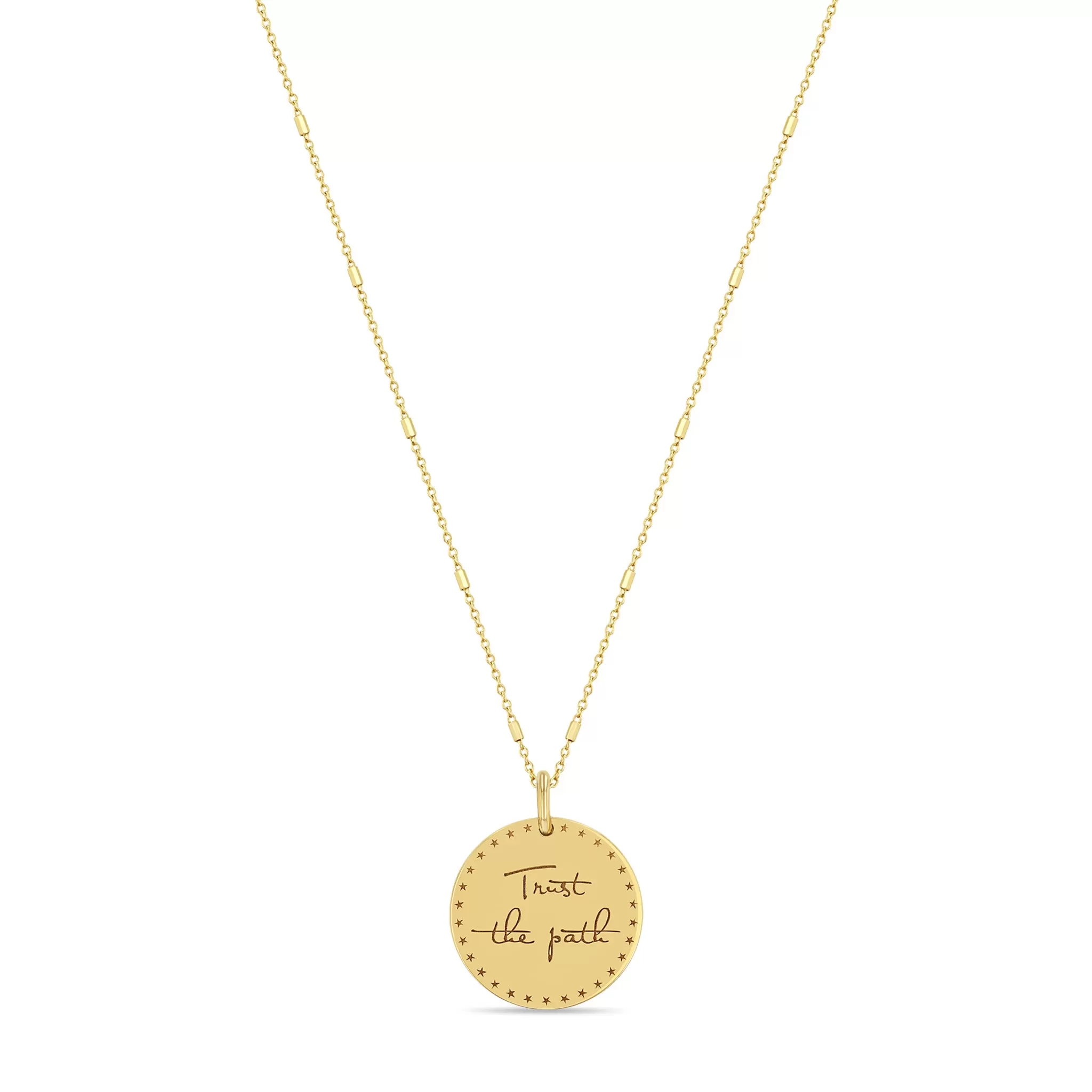 14k Small Mantra Star Border Necklace on Tiny Bar & Cable Chain