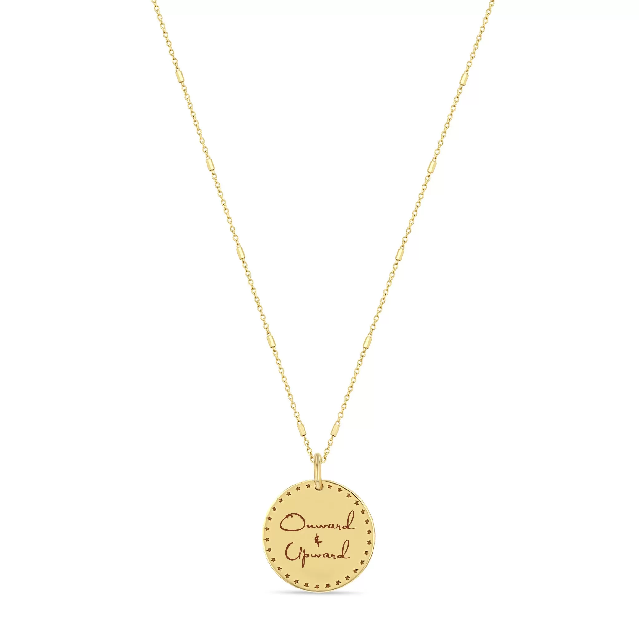 14k Small Mantra Star Border Necklace on Tiny Bar & Cable Chain