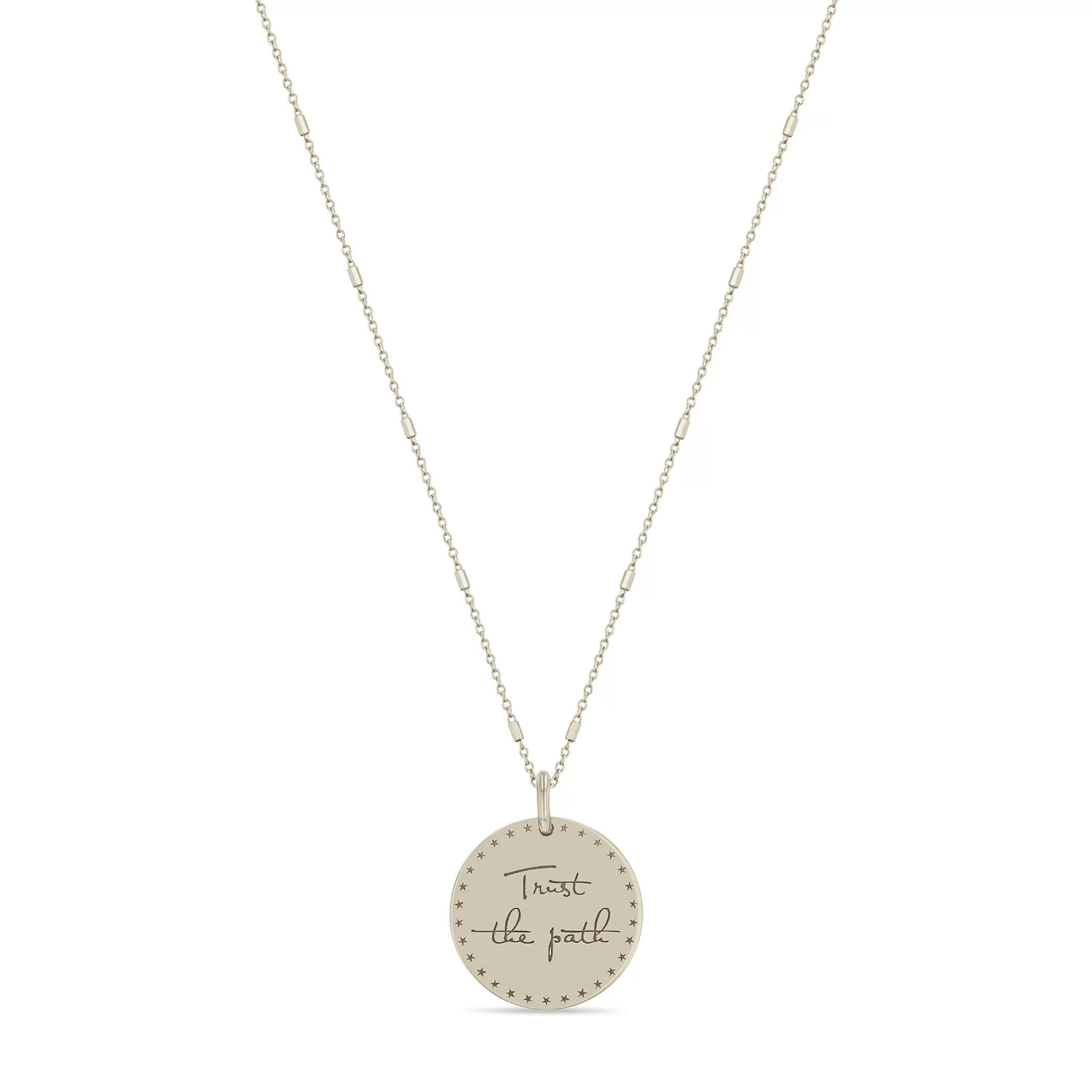 14k Small Mantra Star Border Necklace on Tiny Bar & Cable Chain