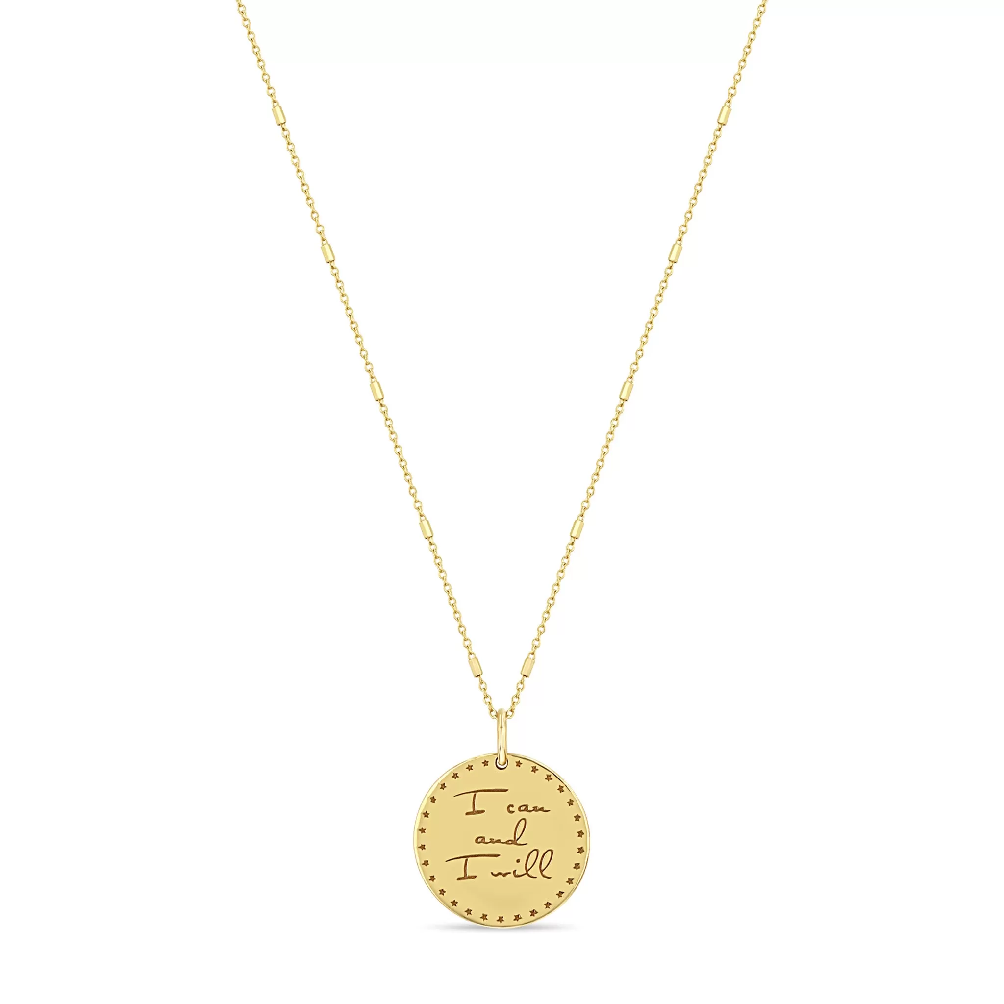 14k Small Mantra Star Border Necklace on Tiny Bar & Cable Chain