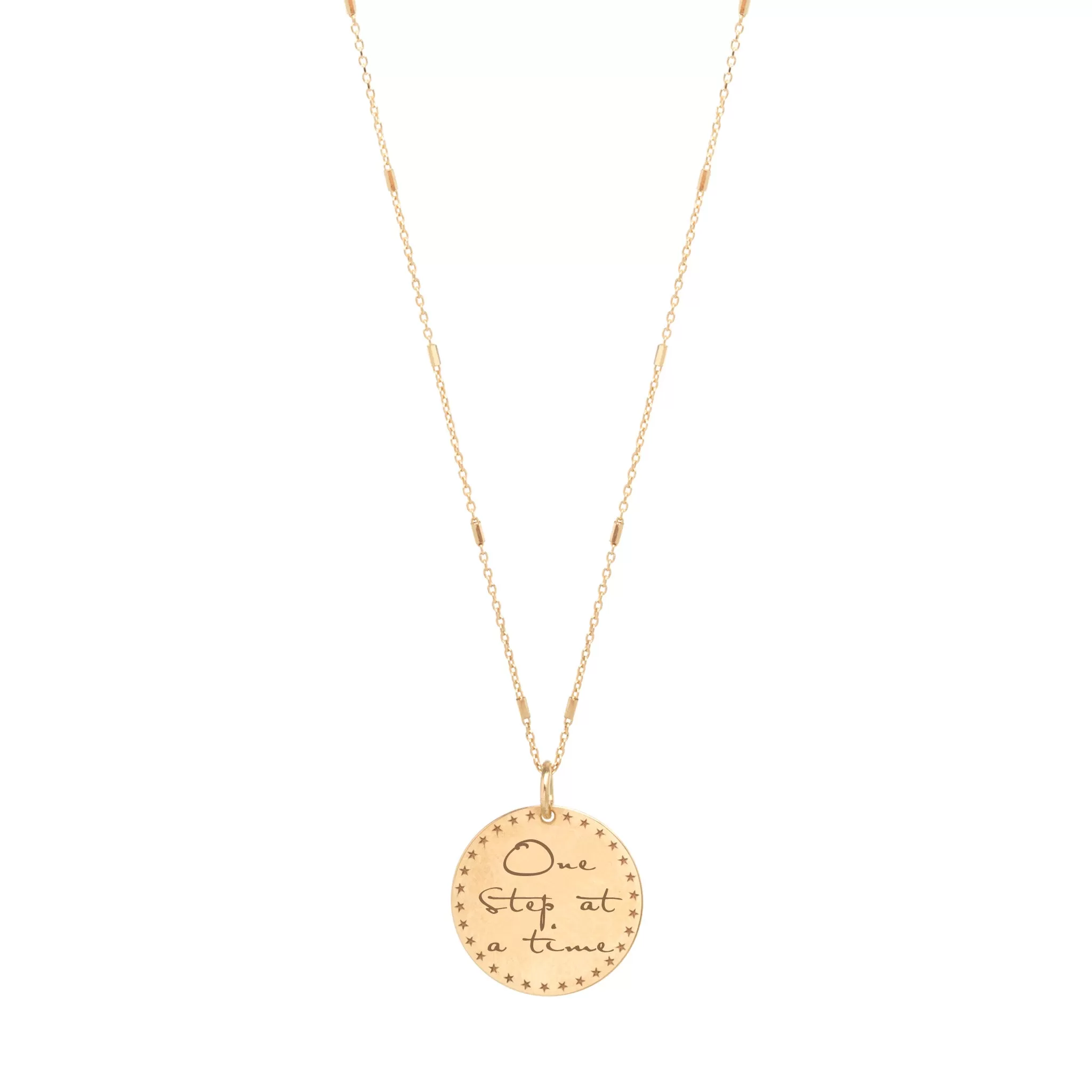 14k Small Mantra Star Border Necklace on Tiny Bar & Cable Chain