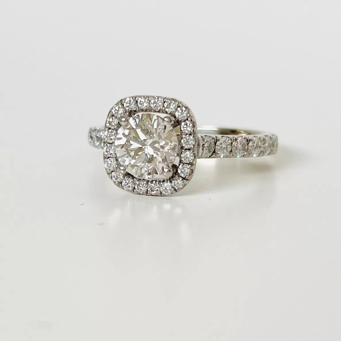 14k White Gold & Diamond Halo Engagement Ring & Wedding Band