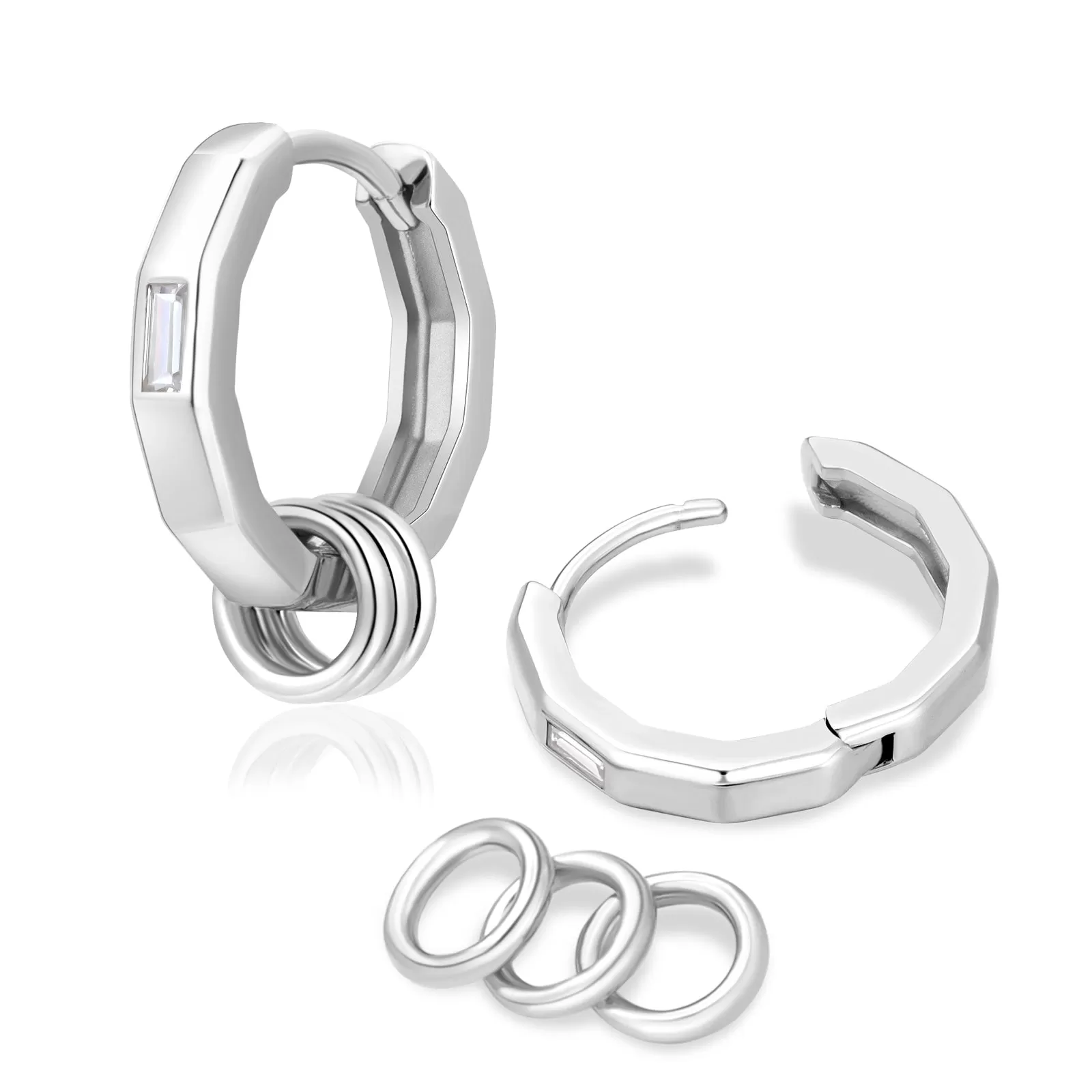 15mm 2in1 Mens Hoop Earrings Diamond Polygon with Detachable Rings 925 Sterling Silver