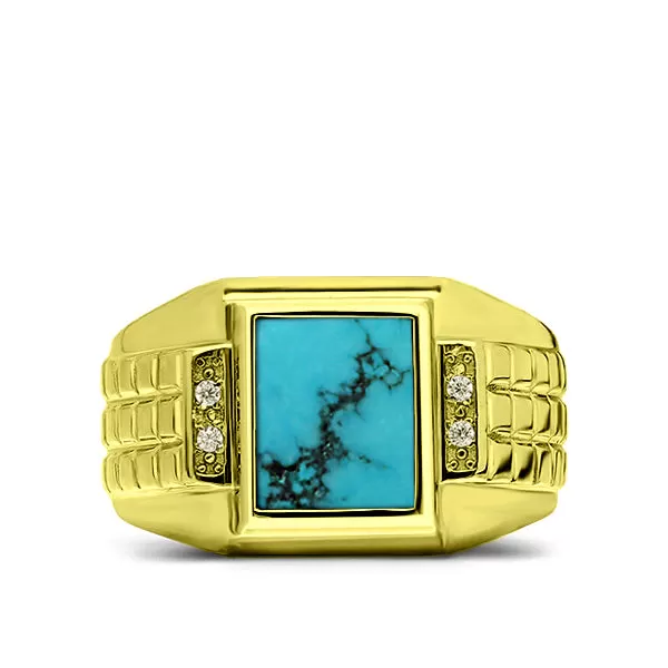 18K Gold Plated on 925 Solid Silver Mens Turquoise Ring With 4 Diamond Accents