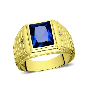 2 Diamond Accents 18K Gold Plated on 925 Solid Silver Mens Blue Sapphire Ring