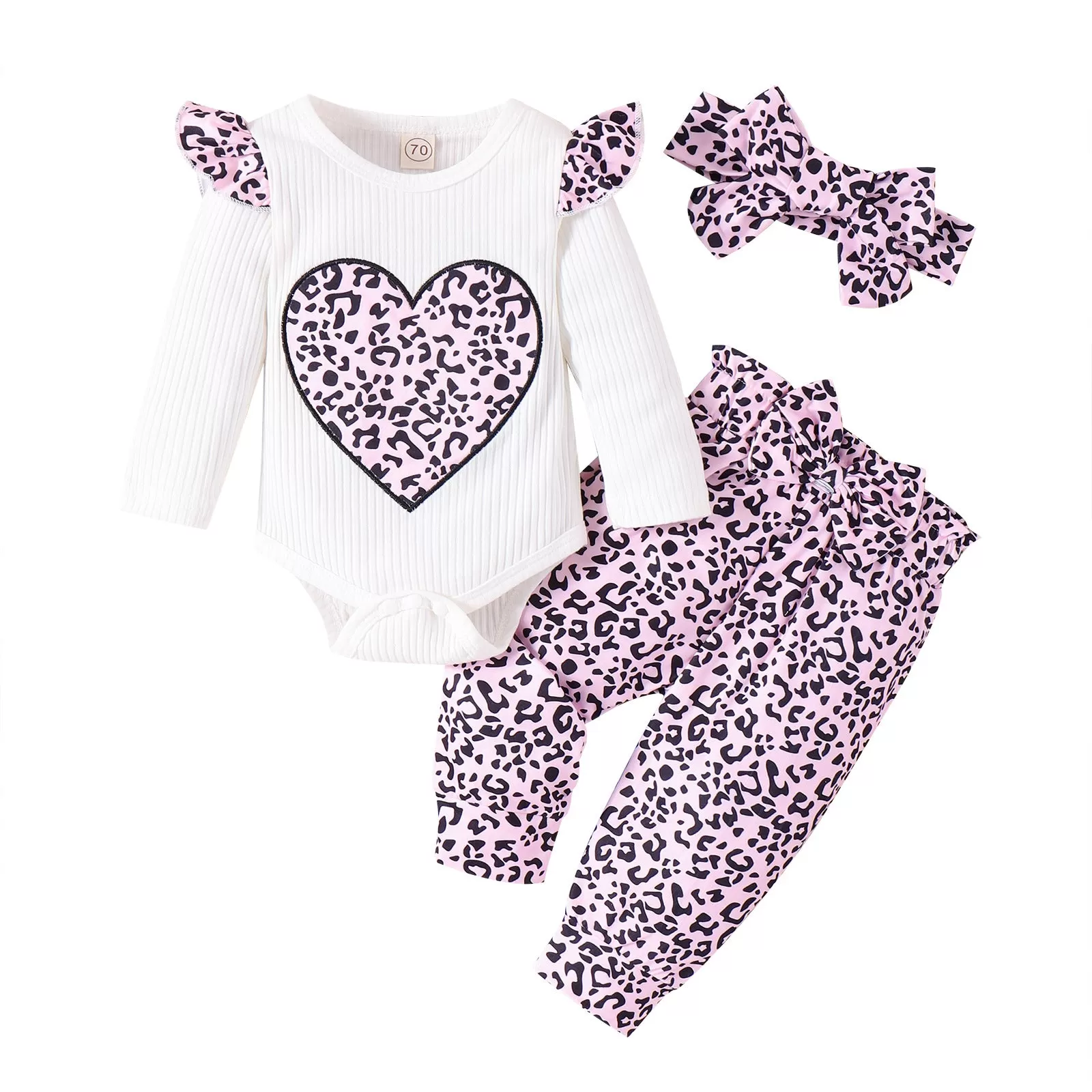 2 Pieces Set Baby Kid Girls Love heart Rompers And Leopard Pants Wholesale 24011118