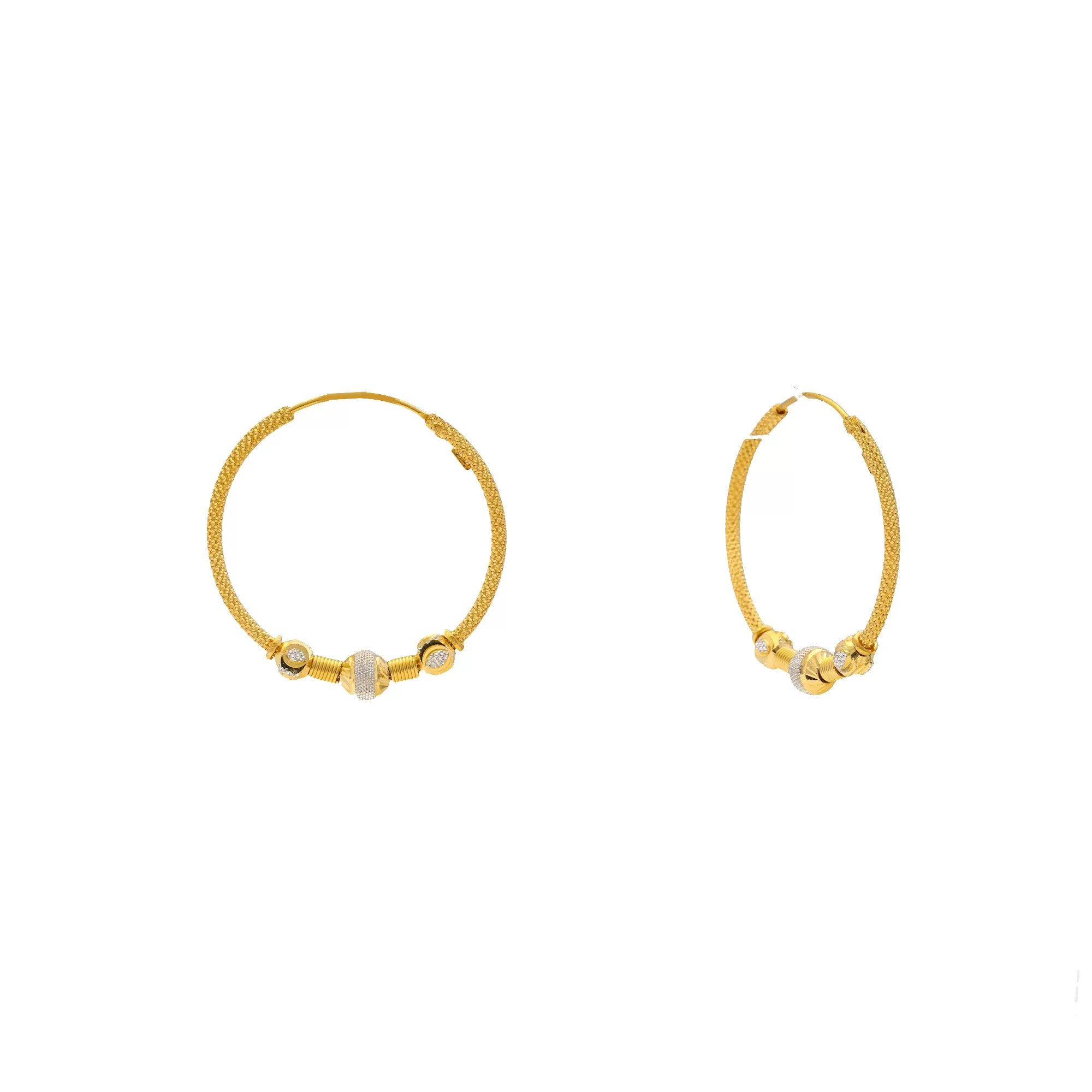 22K Yellow & White Gold Beaded Hoop Earrings (4.7gm)