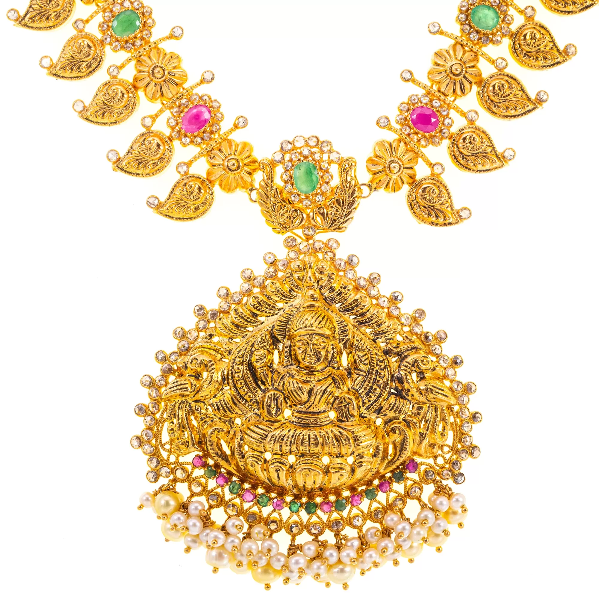 22K Yellow Gold Temple Necklace w/ Uncut Diamonds & Gemstones (83.7gm)