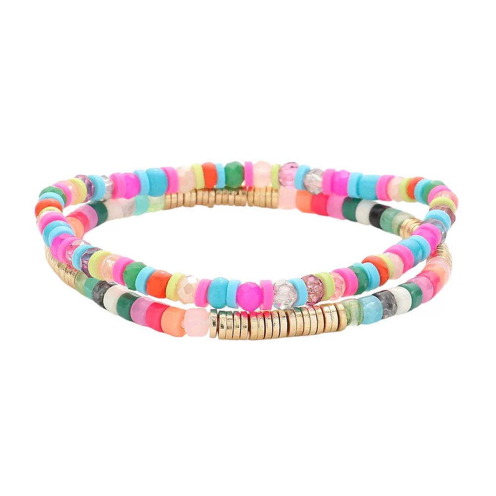 2PCS - Heishi Beaded Stretch Multi Layered Bracelets