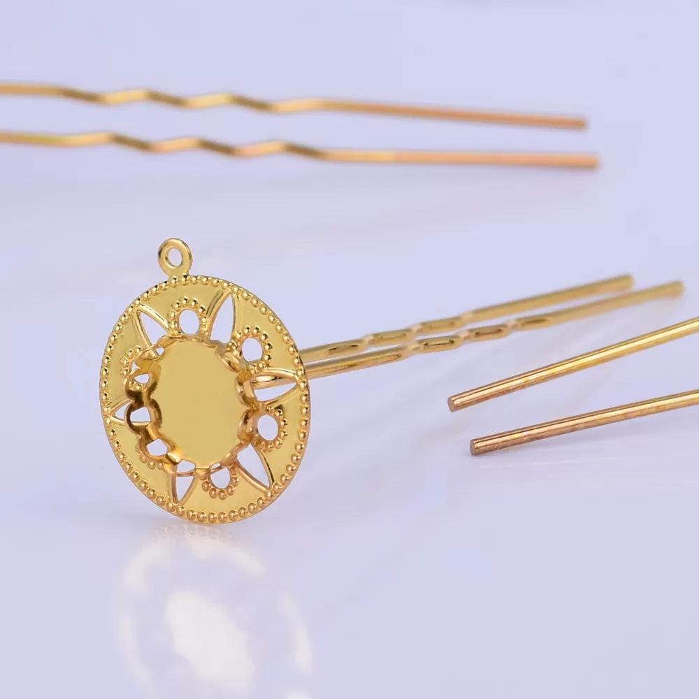 75mm U Shape Hair Pins with 10mm Cameo Base Clips Bridal bridesmaid hair pin Hair accessories gold 10pcs