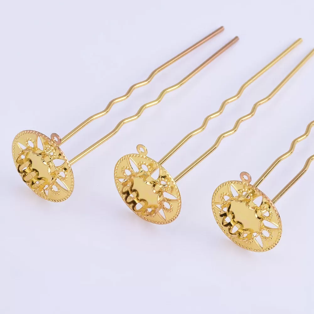 75mm U Shape Hair Pins with 10mm Cameo Base Clips Bridal bridesmaid hair pin Hair accessories gold 10pcs