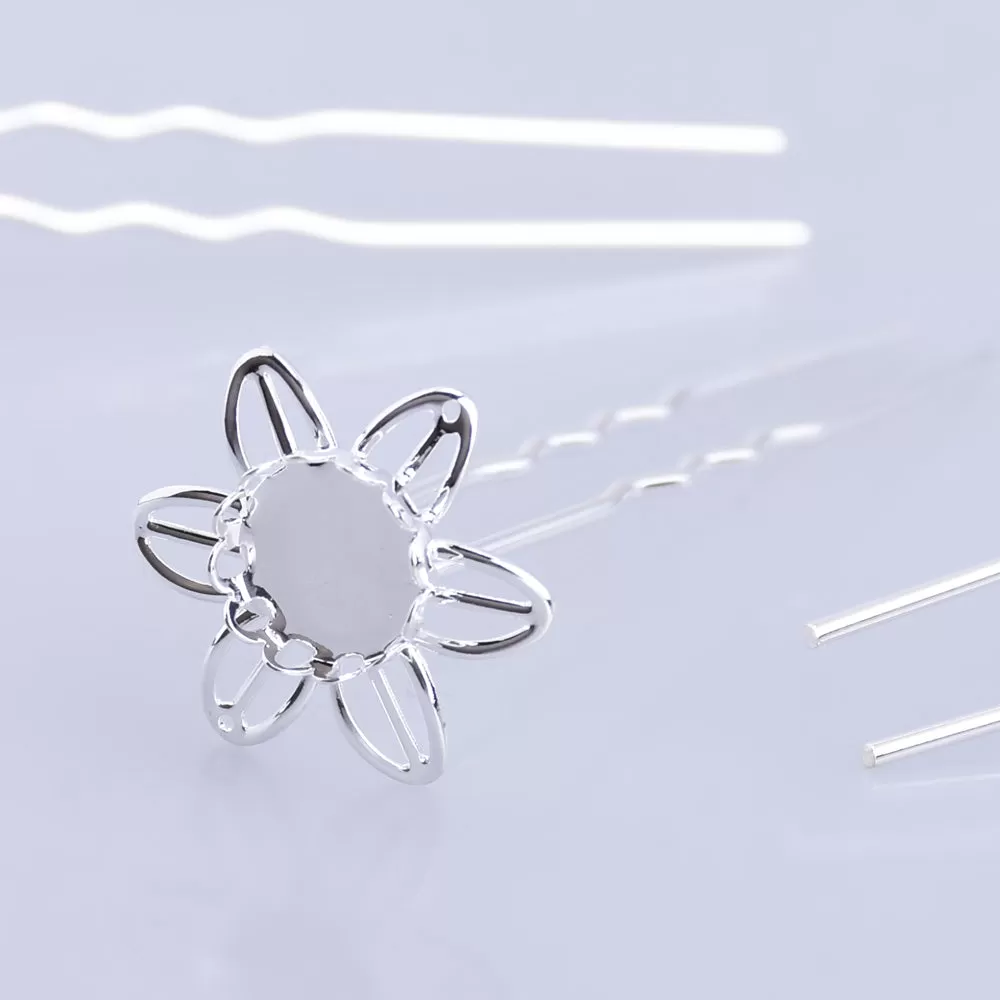 75mm U style Hairpin with 10mm Cameo Base Clips Hair Bobby U Pins Prom Hair Pins Hair Fork silver 10pcs