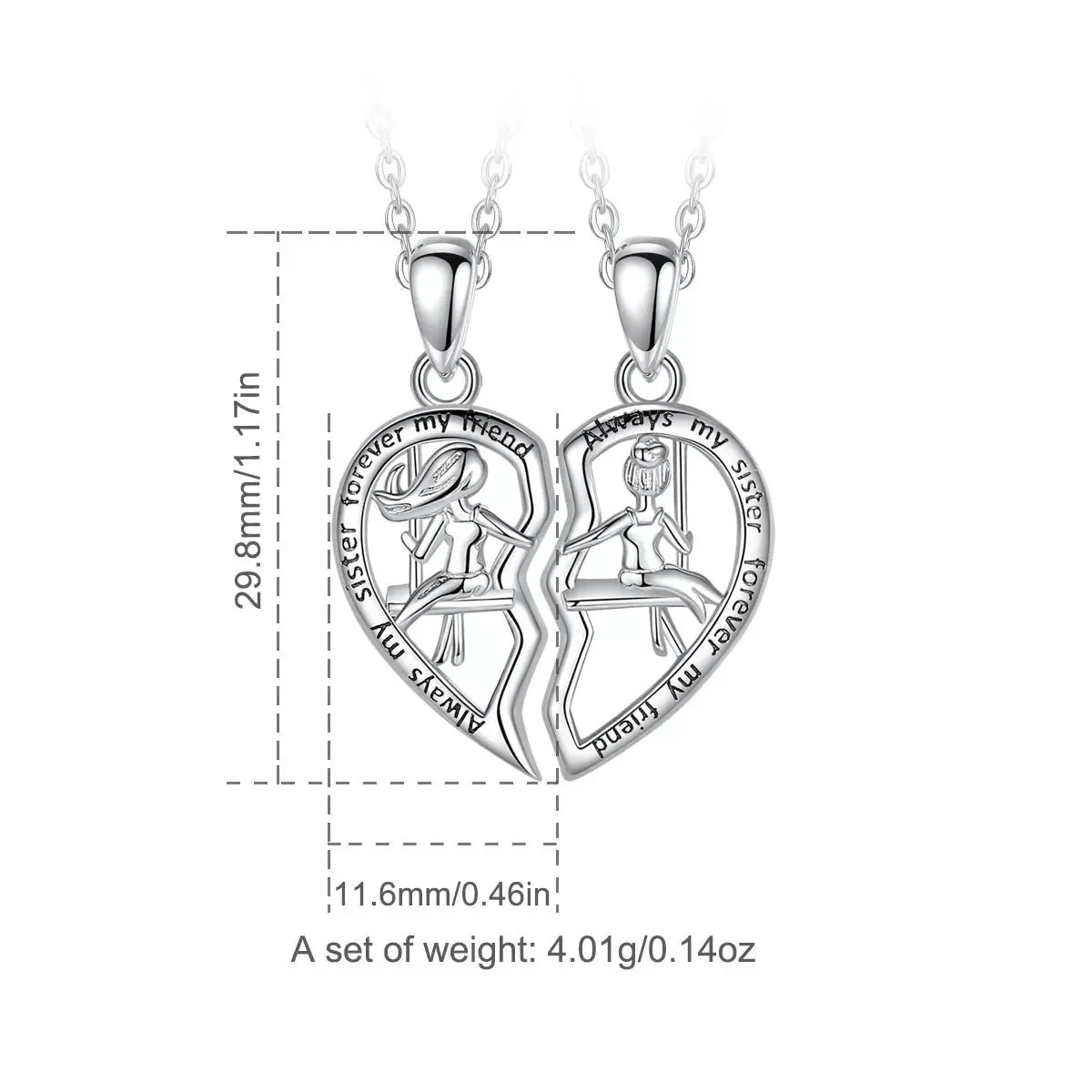 925 Sterling Silver BFF Sisters Heart Charm Necklaces Set