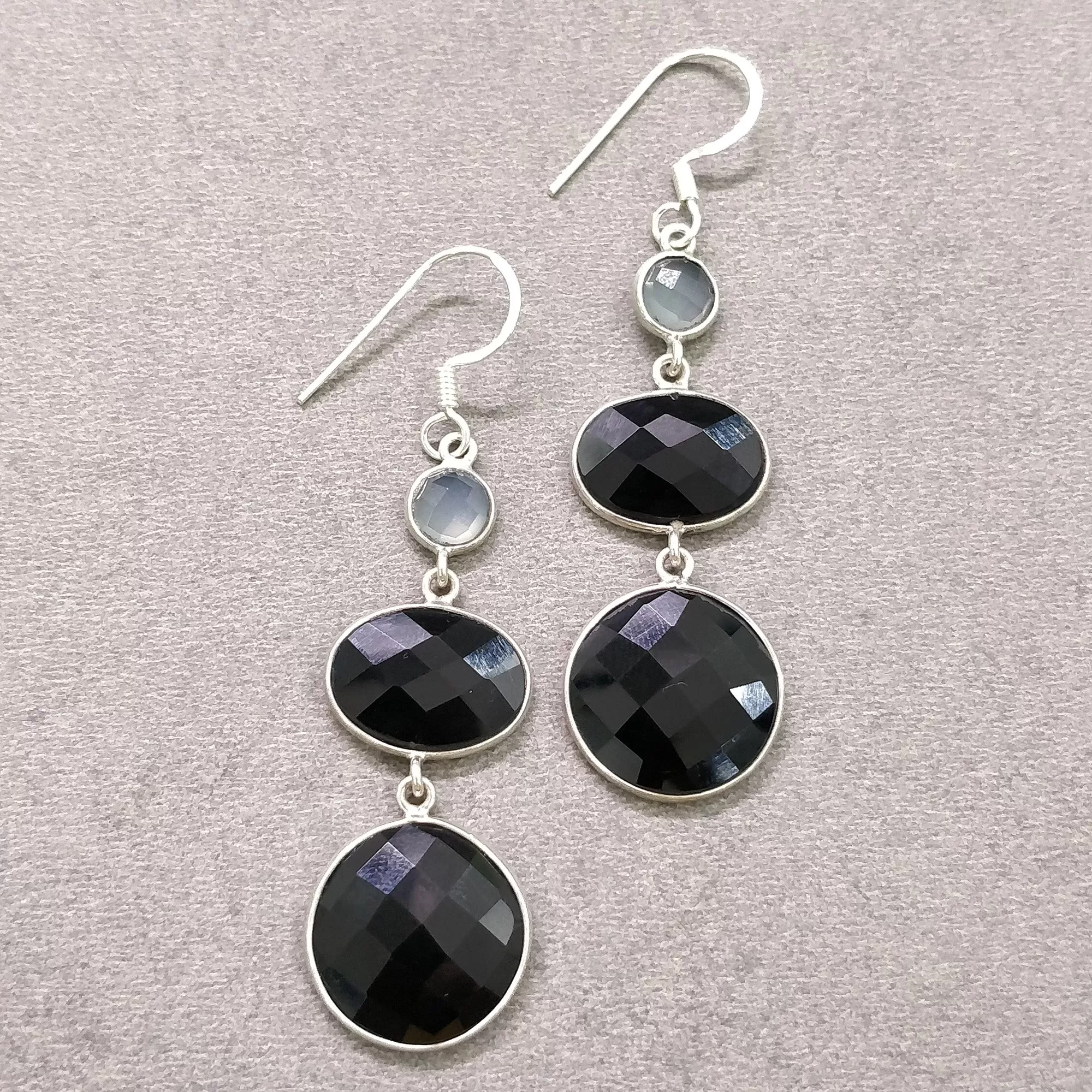 925 Sterling Silver Black Rhinestone Gemstone Round Oval 2.6" Long Triple Drop Dangle Hook Ear Wire Bezel Set Fashion Earring Gift For Her