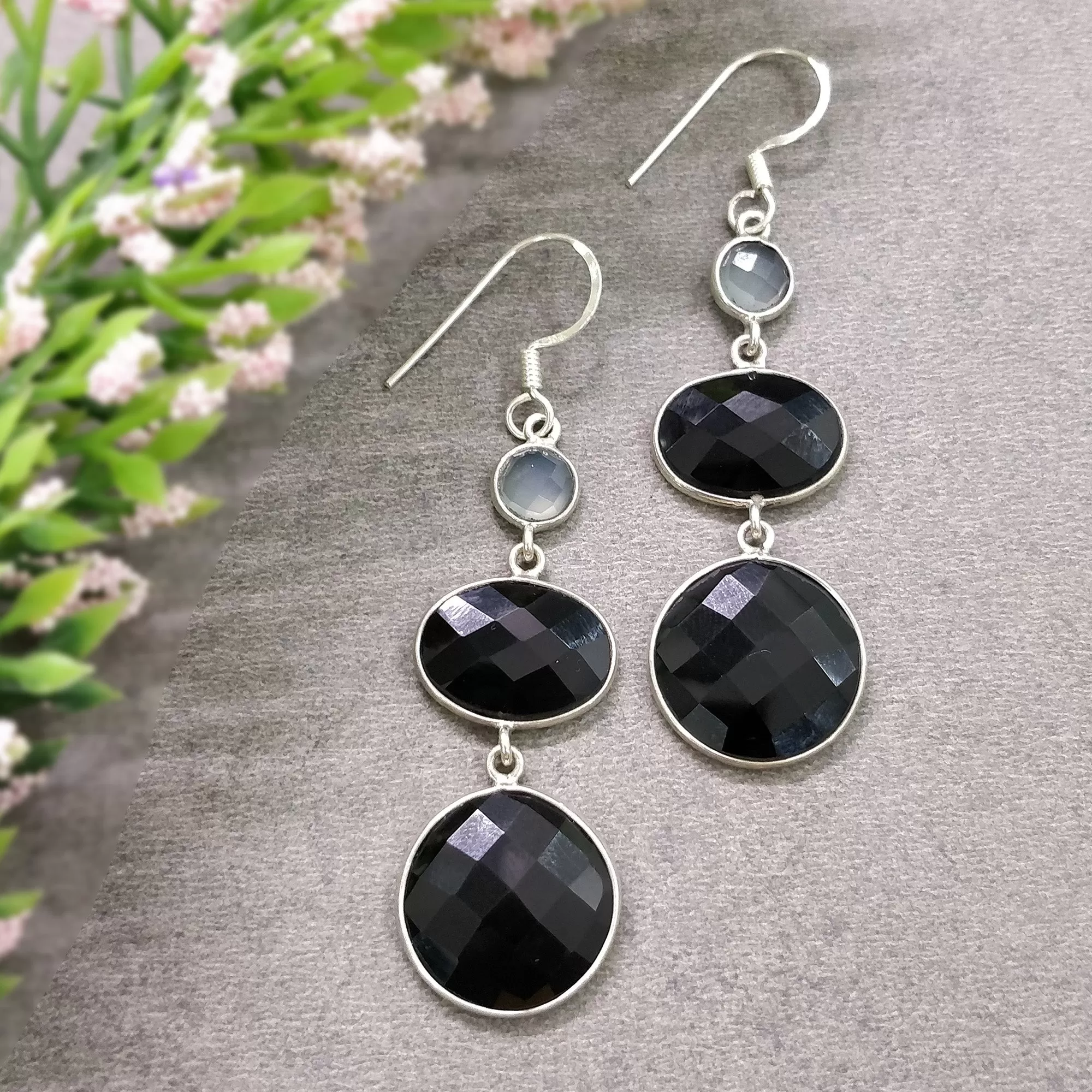 925 Sterling Silver Black Rhinestone Gemstone Round Oval 2.6" Long Triple Drop Dangle Hook Ear Wire Bezel Set Fashion Earring Gift For Her