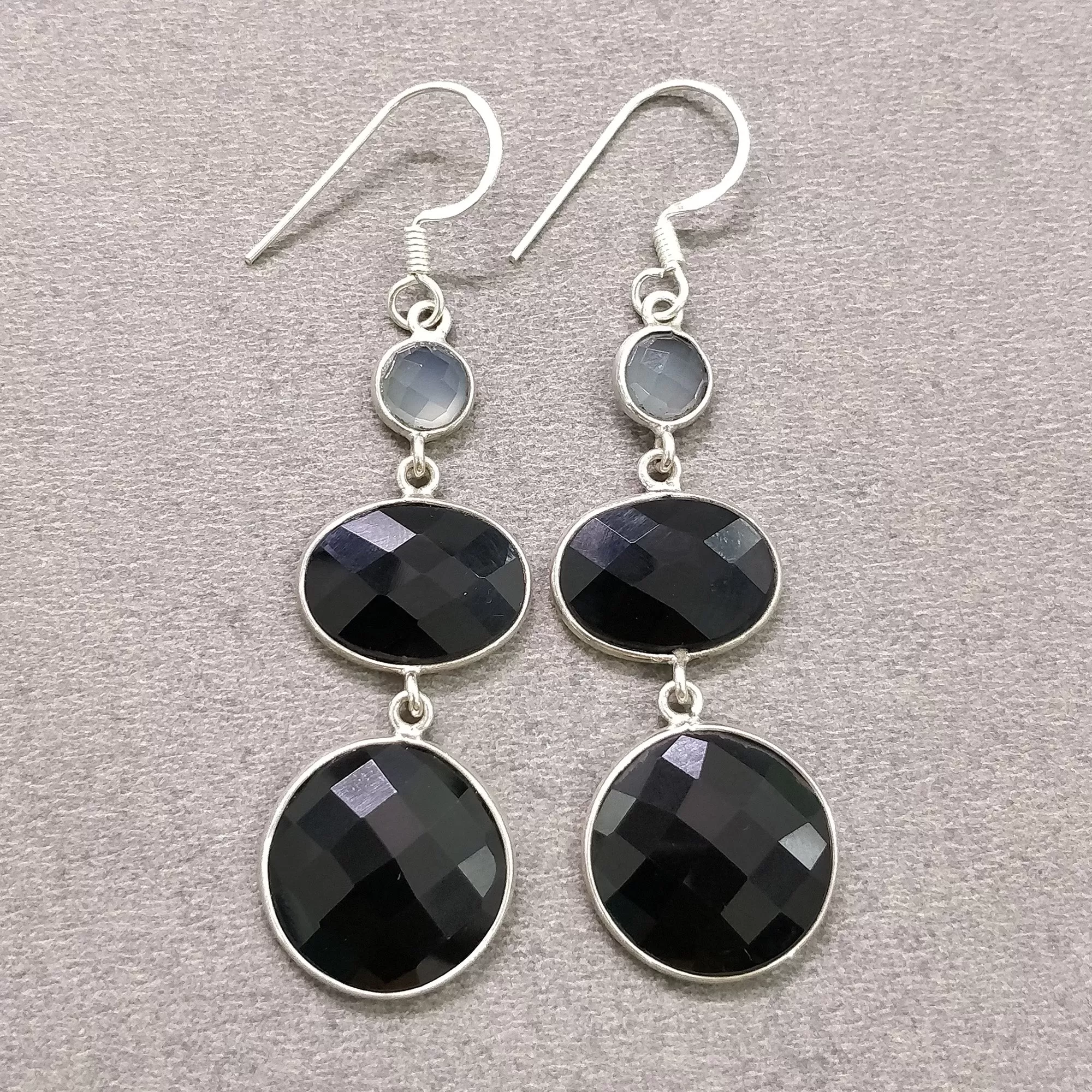 925 Sterling Silver Black Rhinestone Gemstone Round Oval 2.6" Long Triple Drop Dangle Hook Ear Wire Bezel Set Fashion Earring Gift For Her