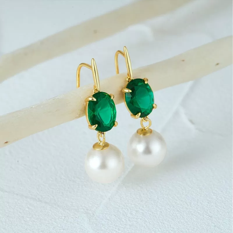 925 Sterling Silver Fashion Elegant Pearl Drop Earrings with Green Cubic Zirconia