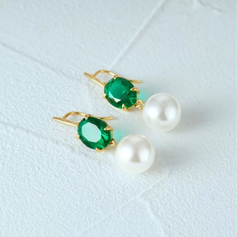 925 Sterling Silver Fashion Elegant Pearl Drop Earrings with Green Cubic Zirconia