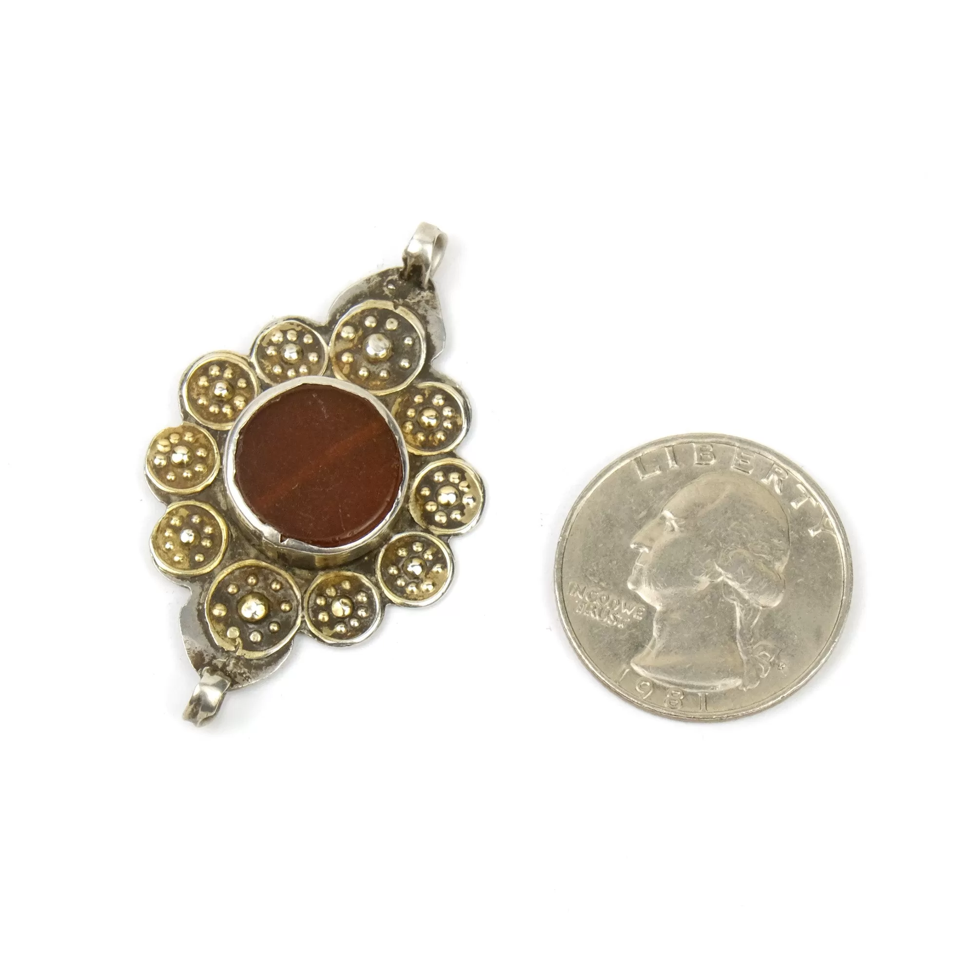 Afghan Tribal High Silver Content Heirloom Dowry Filigreed and Granulated Pendant with Carnelian Bead Inset