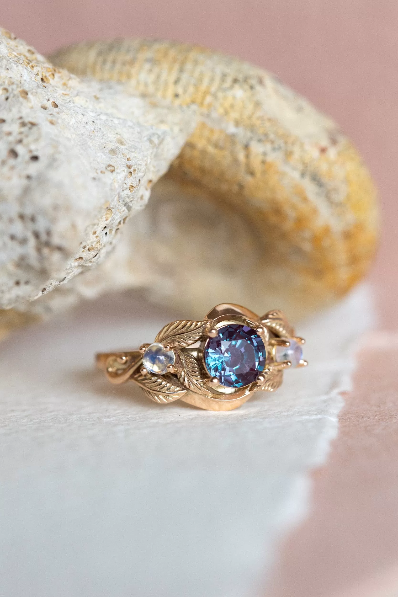 Alexandrite and moonstones engagement ring / Azalea