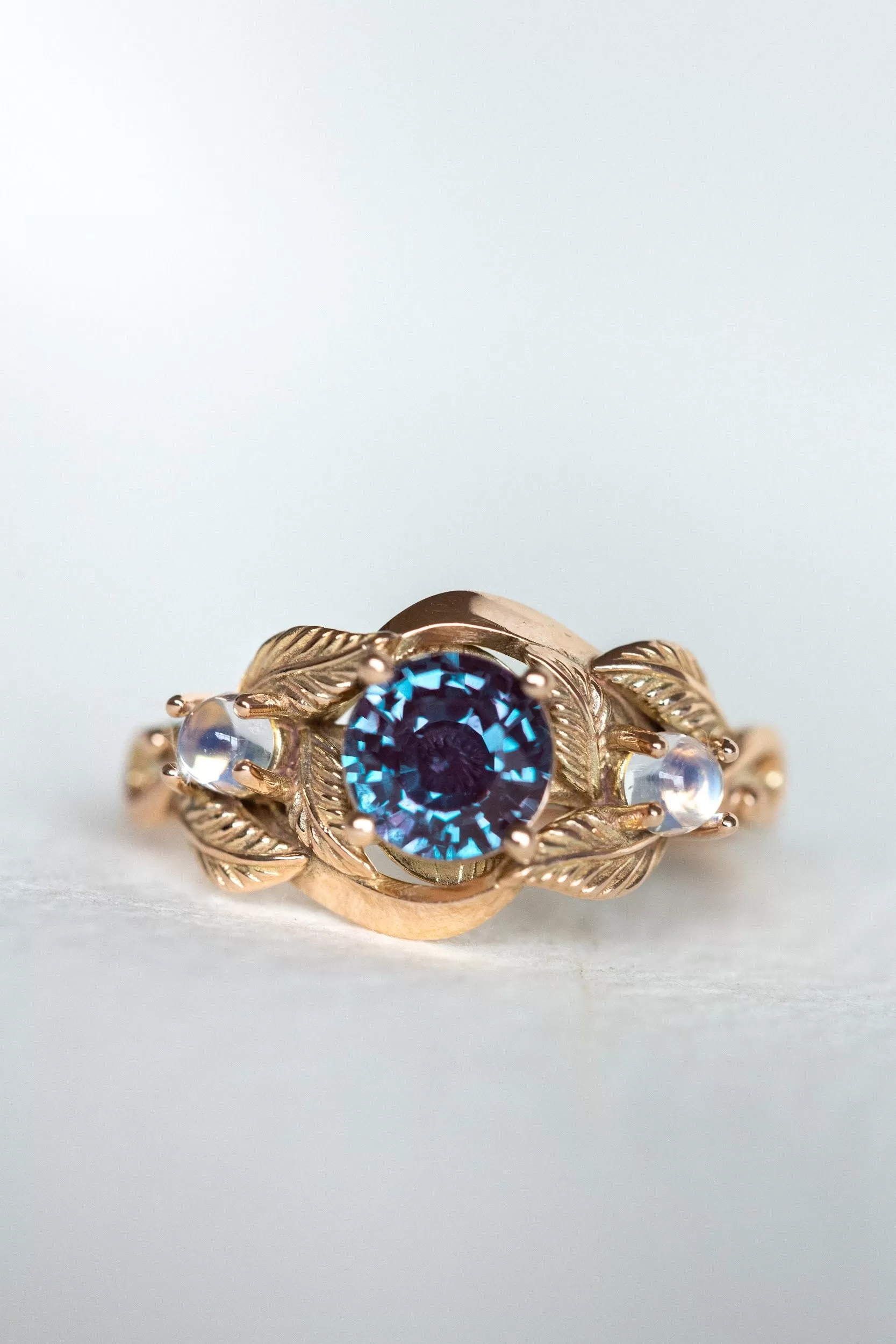 Alexandrite and moonstones engagement ring / Azalea