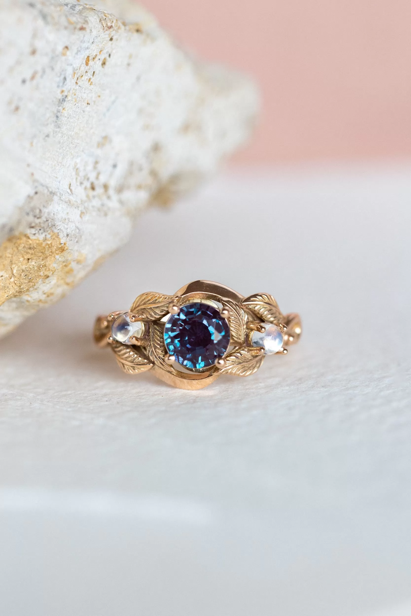 Alexandrite and moonstones engagement ring / Azalea