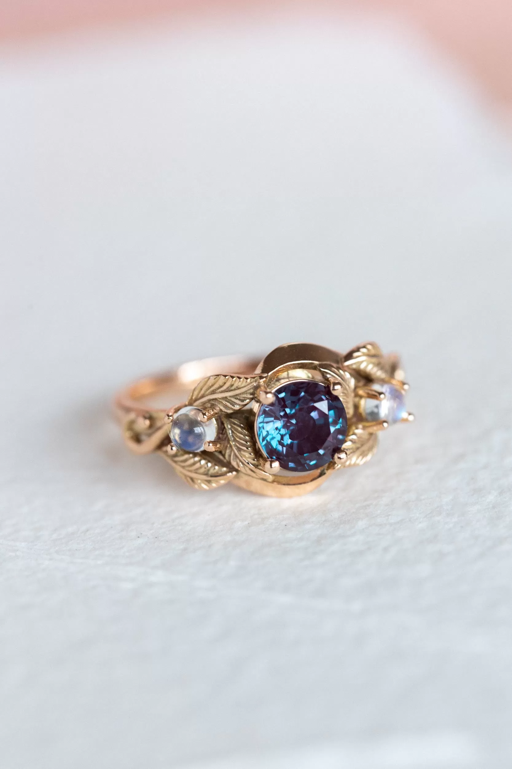 Alexandrite and moonstones engagement ring / Azalea