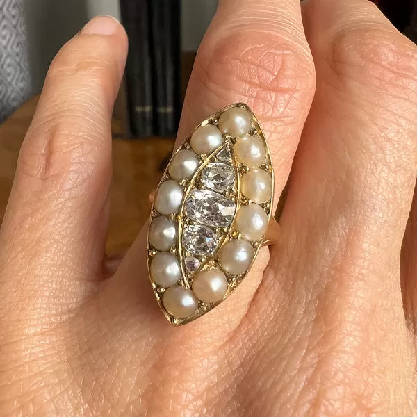 Antique Diamond & Pearl Navette Ring