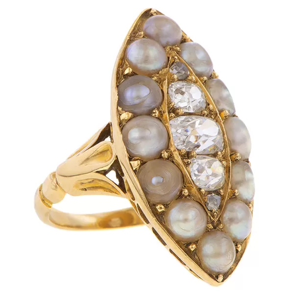 Antique Diamond & Pearl Navette Ring