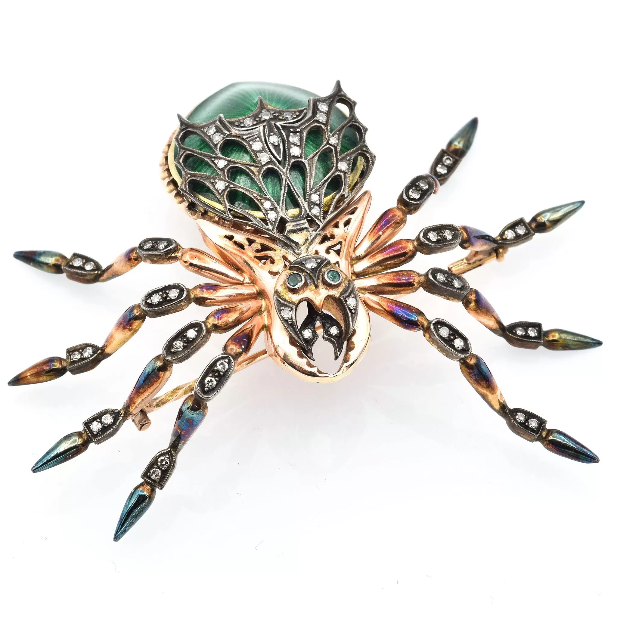 Antique Russian 14K Rose Gold Enamel Spider Brooch With Diamonds And Emeralds