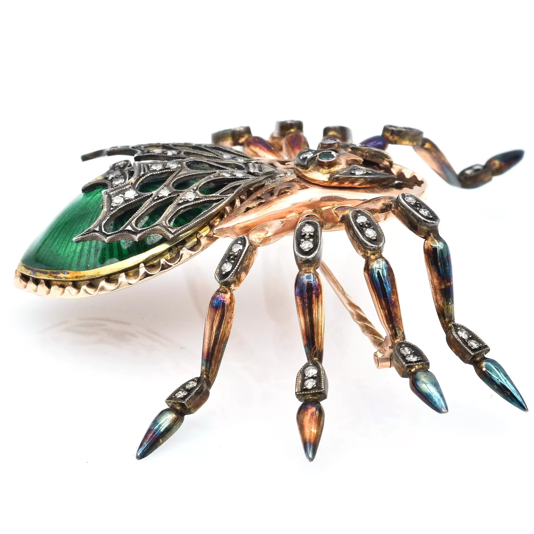 Antique Russian 14K Rose Gold Enamel Spider Brooch With Diamonds And Emeralds