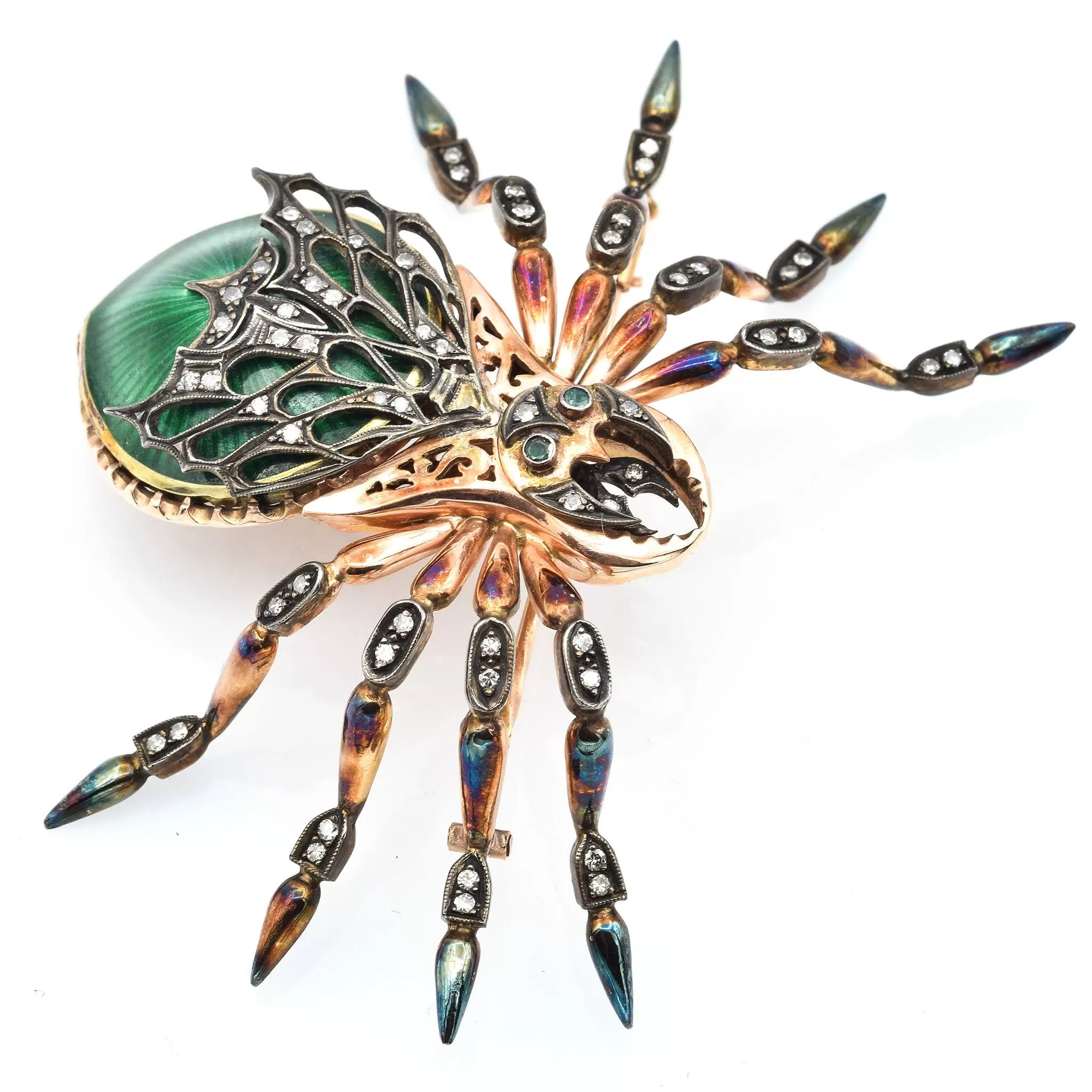 Antique Russian 14K Rose Gold Enamel Spider Brooch With Diamonds And Emeralds