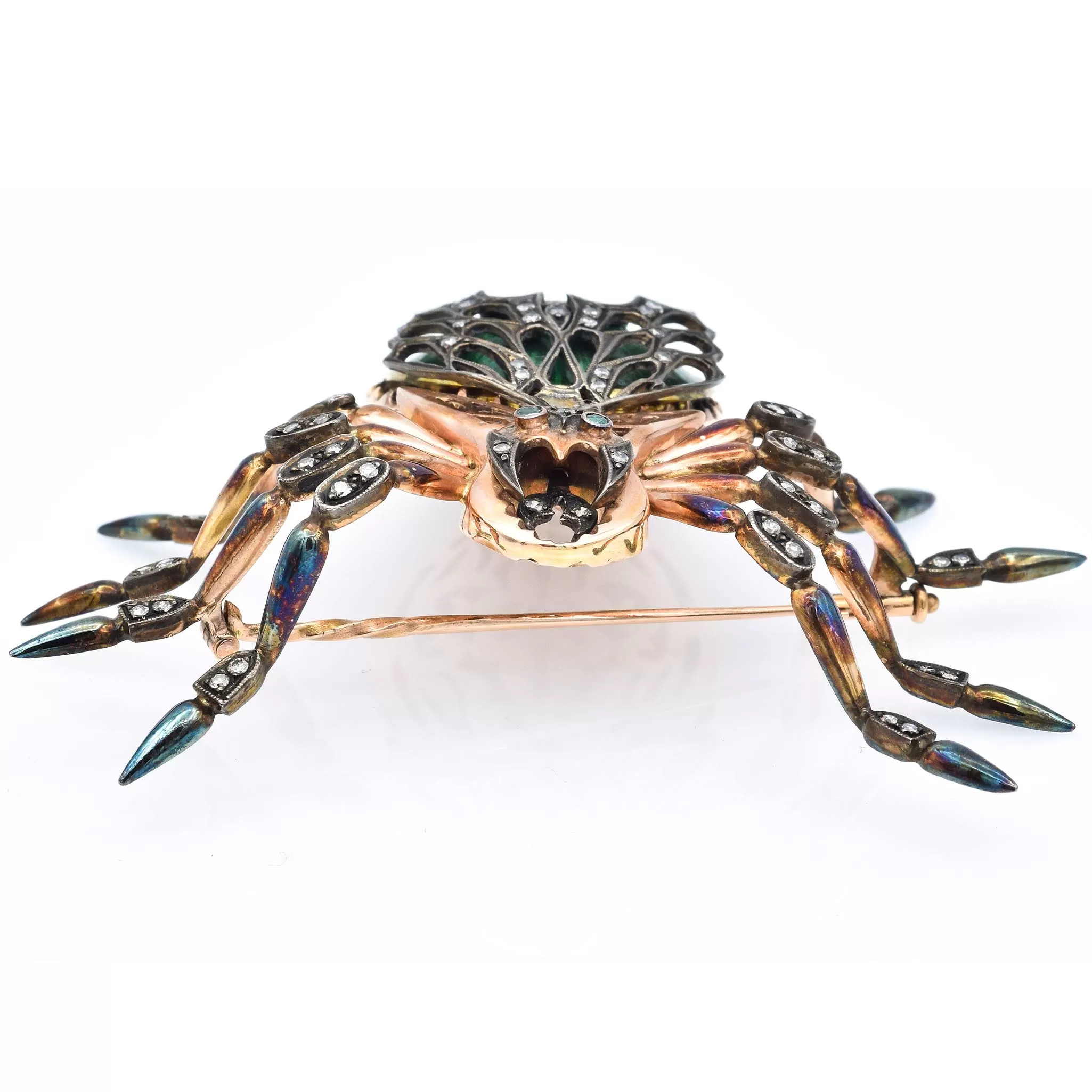 Antique Russian 14K Rose Gold Enamel Spider Brooch With Diamonds And Emeralds